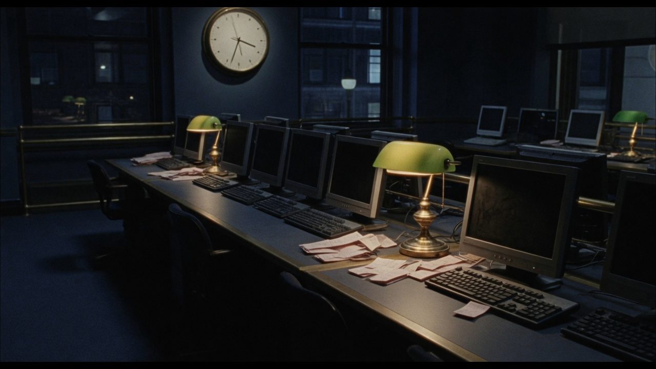 Empty after-hours trading floor. Screens dark. No live data.